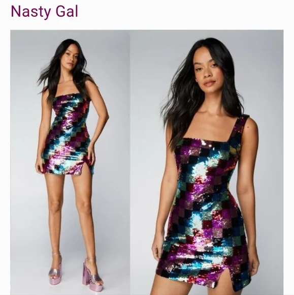 NASTY GAL Sequin Colorful Checkerboard Mini Dress Size 8 - Picture 5 of 14